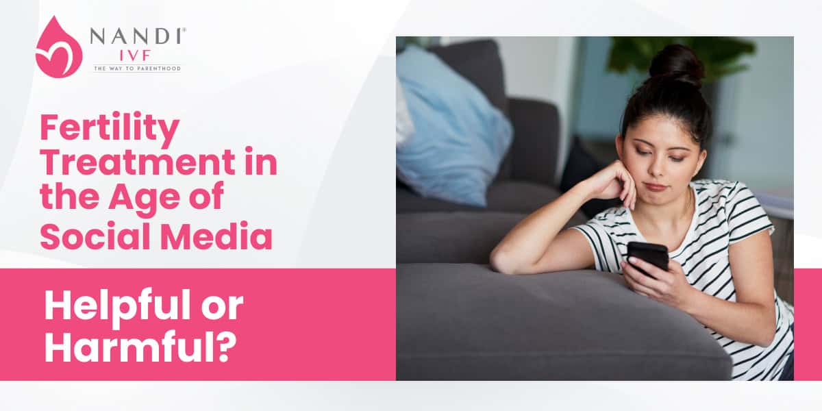 Young woman using her phone, reflecting on social media's effect on fertility treatment.
